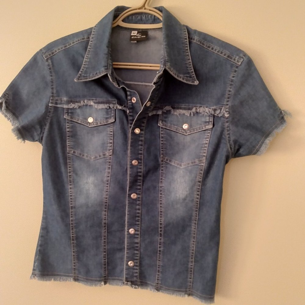 Sexy GanG-Rio Stretch Denim Raw Edge top with Rhinestone Snaps